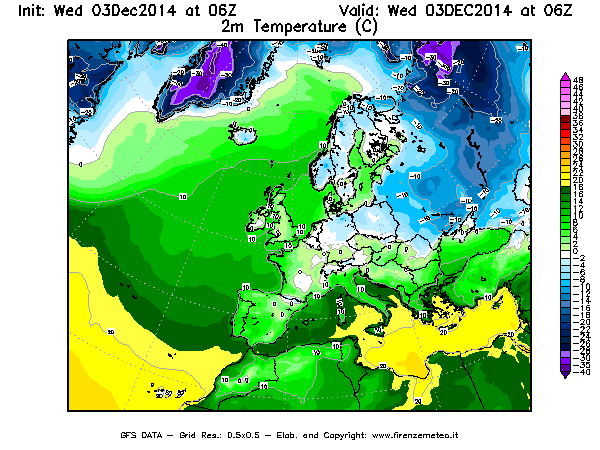 Mappa di analisi GFS - Temperatura a 2 metri dal suolo [°C] in Europa
							del 03/12/2014 06 <!--googleoff: index-->UTC<!--googleon: index-->