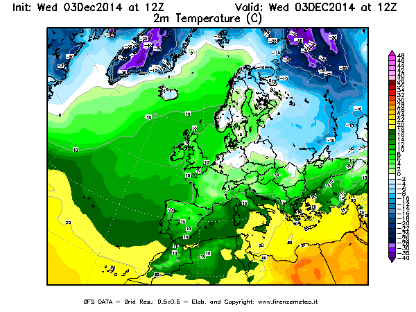 Mappa di analisi GFS - Temperatura a 2 metri dal suolo [°C] in Europa
							del 03/12/2014 12 <!--googleoff: index-->UTC<!--googleon: index-->