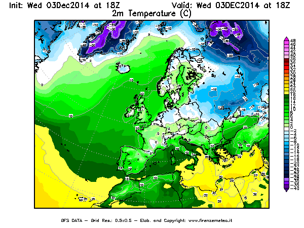 Mappa di analisi GFS - Temperatura a 2 metri dal suolo [°C] in Europa
							del 03/12/2014 18 <!--googleoff: index-->UTC<!--googleon: index-->