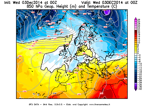Mappa di analisi GFS - Geopotenziale [m] e Temperatura [°C] a 850 hPa in Europa
							del 03/12/2014 00 <!--googleoff: index-->UTC<!--googleon: index-->