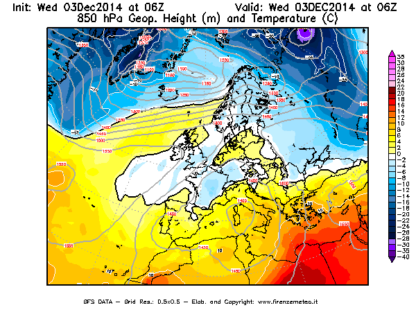 Mappa di analisi GFS - Geopotenziale [m] e Temperatura [°C] a 850 hPa in Europa
							del 03/12/2014 06 <!--googleoff: index-->UTC<!--googleon: index-->