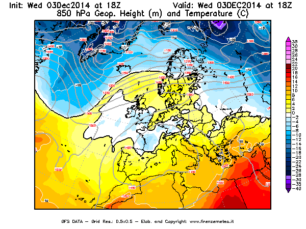 Mappa di analisi GFS - Geopotenziale [m] e Temperatura [°C] a 850 hPa in Europa
							del 03/12/2014 18 <!--googleoff: index-->UTC<!--googleon: index-->
