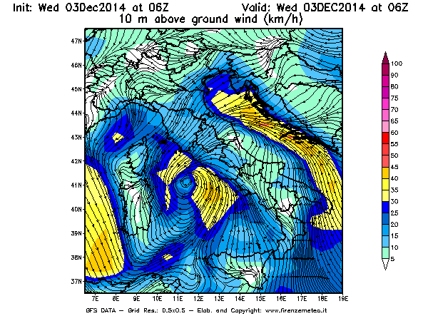Mappa di analisi GFS - Velocità del vento a 10 metri dal suolo [km/h] in Italia
							del 03/12/2014 06 <!--googleoff: index-->UTC<!--googleon: index-->