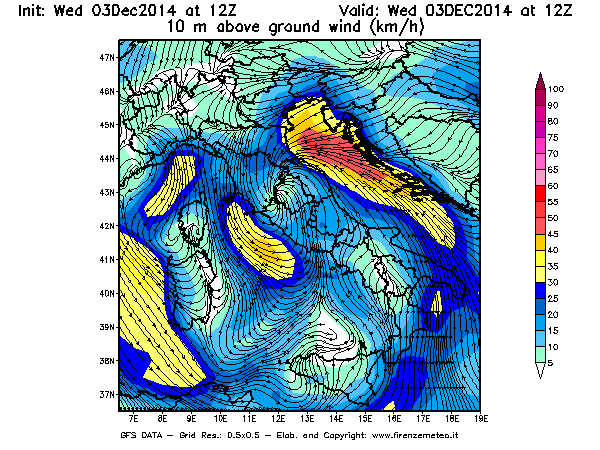 Mappa di analisi GFS - Velocità del vento a 10 metri dal suolo [km/h] in Italia
							del 03/12/2014 12 <!--googleoff: index-->UTC<!--googleon: index-->