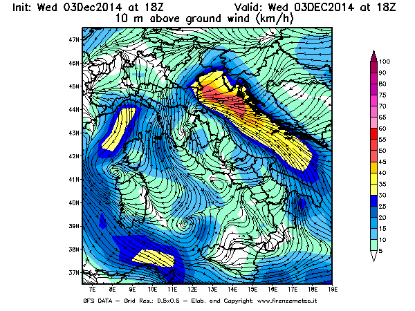 Mappa di analisi GFS - Velocità del vento a 10 metri dal suolo [km/h] in Italia
							del 03/12/2014 18 <!--googleoff: index-->UTC<!--googleon: index-->