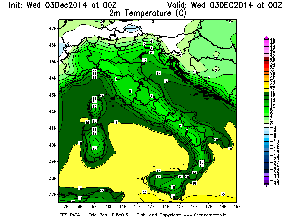 Mappa di analisi GFS - Temperatura a 2 metri dal suolo [°C] in Italia
							del 03/12/2014 00 <!--googleoff: index-->UTC<!--googleon: index-->