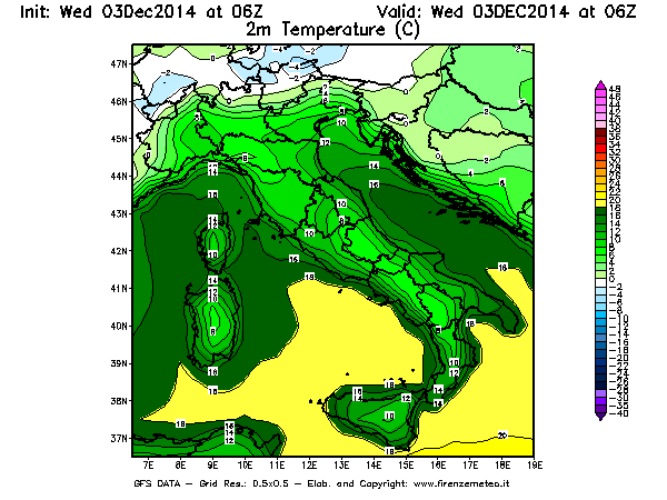 Mappa di analisi GFS - Temperatura a 2 metri dal suolo [°C] in Italia
							del 03/12/2014 06 <!--googleoff: index-->UTC<!--googleon: index-->