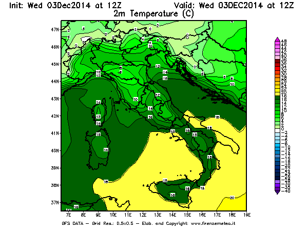 Mappa di analisi GFS - Temperatura a 2 metri dal suolo [°C] in Italia
							del 03/12/2014 12 <!--googleoff: index-->UTC<!--googleon: index-->