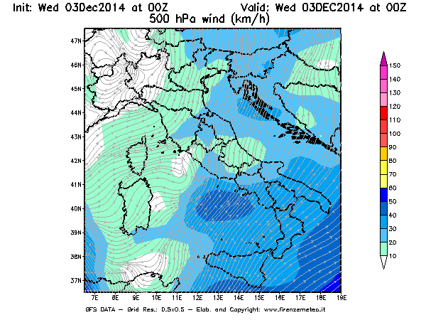 Mappa di analisi GFS - Velocità del vento a 500 hPa [km/h] in Italia
							del 03/12/2014 00 <!--googleoff: index-->UTC<!--googleon: index-->