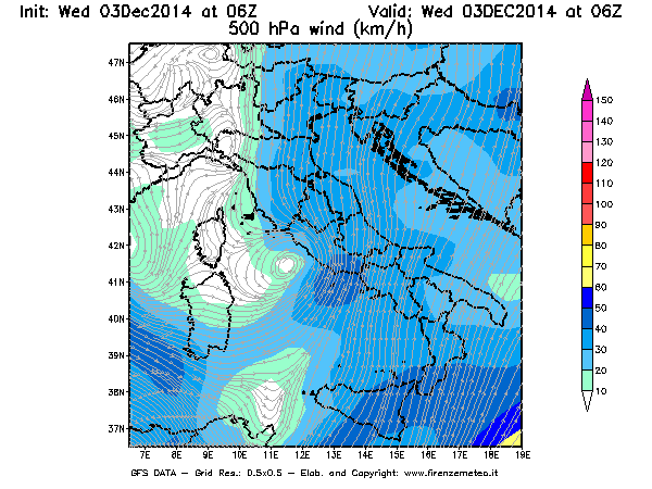 Mappa di analisi GFS - Velocità del vento a 500 hPa [km/h] in Italia
							del 03/12/2014 06 <!--googleoff: index-->UTC<!--googleon: index-->