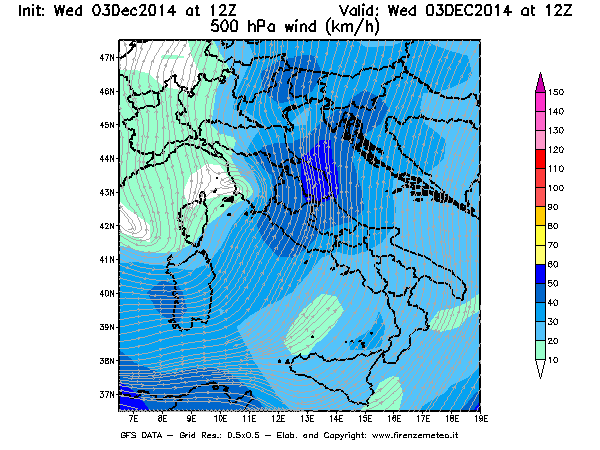 Mappa di analisi GFS - Velocità del vento a 500 hPa [km/h] in Italia
							del 03/12/2014 12 <!--googleoff: index-->UTC<!--googleon: index-->