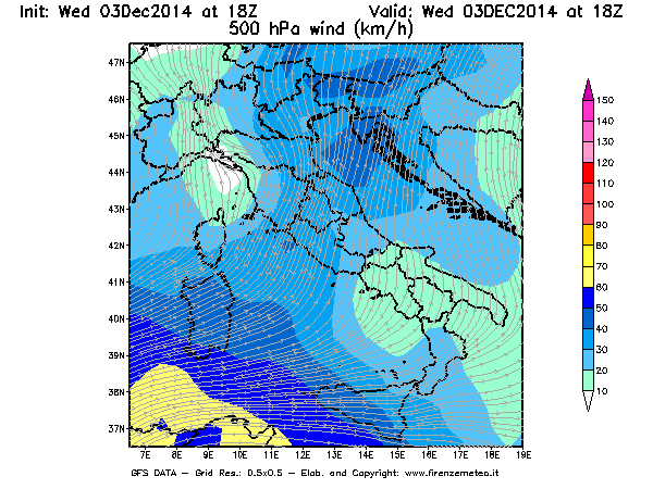 Mappa di analisi GFS - Velocità del vento a 500 hPa [km/h] in Italia
							del 03/12/2014 18 <!--googleoff: index-->UTC<!--googleon: index-->