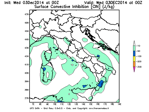 Mappa di analisi GFS - CIN [J/kg] in Italia
							del 03/12/2014 00 <!--googleoff: index-->UTC<!--googleon: index-->
