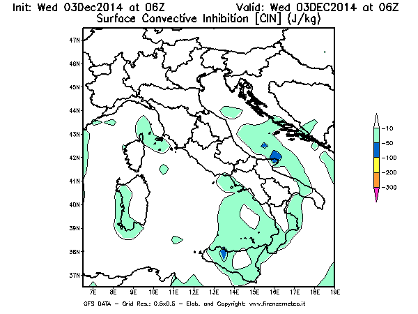 Mappa di analisi GFS - CIN [J/kg] in Italia
							del 03/12/2014 06 <!--googleoff: index-->UTC<!--googleon: index-->