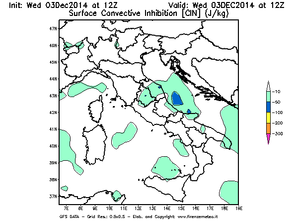 Mappa di analisi GFS - CIN [J/kg] in Italia
							del 03/12/2014 12 <!--googleoff: index-->UTC<!--googleon: index-->
