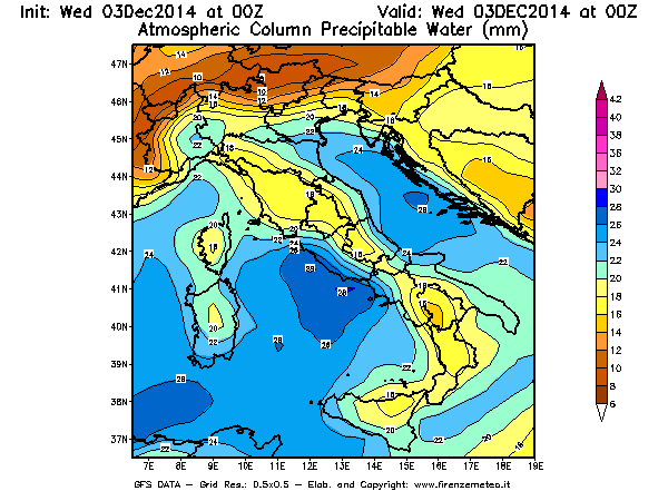 Mappa di analisi GFS - Precipitable Water [mm] in Italia
							del 03/12/2014 00 <!--googleoff: index-->UTC<!--googleon: index-->