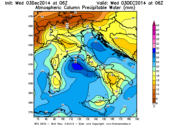 Mappa di analisi GFS - Precipitable Water [mm] in Italia
							del 03/12/2014 06 <!--googleoff: index-->UTC<!--googleon: index-->