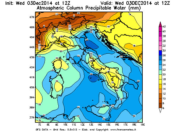 Mappa di analisi GFS - Precipitable Water [mm] in Italia
							del 03/12/2014 12 <!--googleoff: index-->UTC<!--googleon: index-->