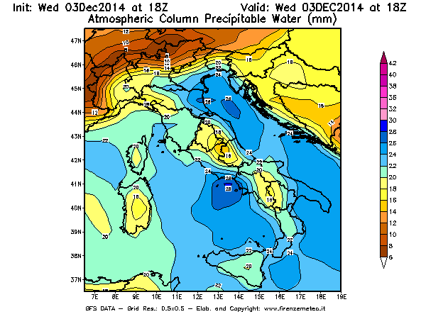 Mappa di analisi GFS - Precipitable Water [mm] in Italia
							del 03/12/2014 18 <!--googleoff: index-->UTC<!--googleon: index-->