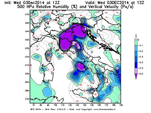 Mappa di analisi GFS - Umidità relativa [%] e Omega [Pa/s] a 500 hPa in Italia
							del 03/12/2014 12 <!--googleoff: index-->UTC<!--googleon: index-->