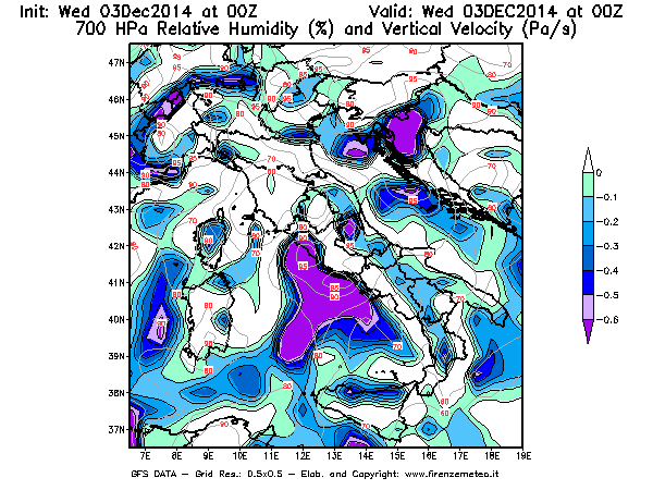 Mappa di analisi GFS - Umidità relativa [%] e Omega [Pa/s] a 700 hPa in Italia
							del 03/12/2014 00 <!--googleoff: index-->UTC<!--googleon: index-->