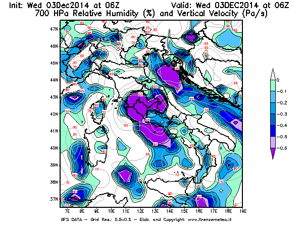 Mappa di analisi GFS - Umidità relativa [%] e Omega [Pa/s] a 700 hPa in Italia
							del 03/12/2014 06 <!--googleoff: index-->UTC<!--googleon: index-->