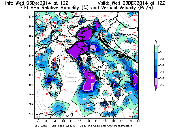 Mappa di analisi GFS - Umidità relativa [%] e Omega [Pa/s] a 700 hPa in Italia
							del 03/12/2014 12 <!--googleoff: index-->UTC<!--googleon: index-->