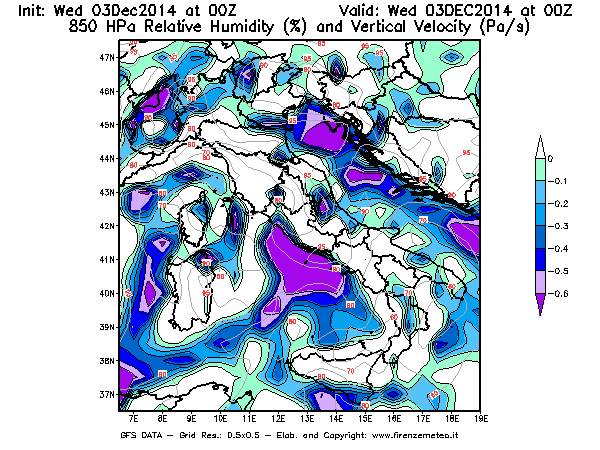 Mappa di analisi GFS - Umidità relativa [%] e Omega [Pa/s] a 850 hPa in Italia
							del 03/12/2014 00 <!--googleoff: index-->UTC<!--googleon: index-->