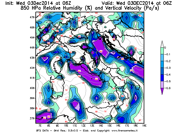Mappa di analisi GFS - Umidità relativa [%] e Omega [Pa/s] a 850 hPa in Italia
							del 03/12/2014 06 <!--googleoff: index-->UTC<!--googleon: index-->