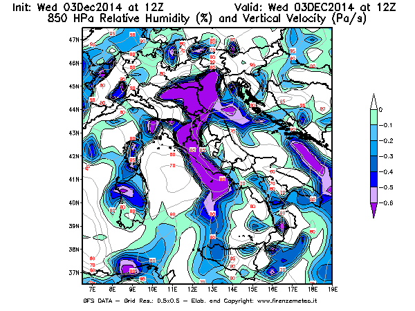Mappa di analisi GFS - Umidità relativa [%] e Omega [Pa/s] a 850 hPa in Italia
							del 03/12/2014 12 <!--googleoff: index-->UTC<!--googleon: index-->
