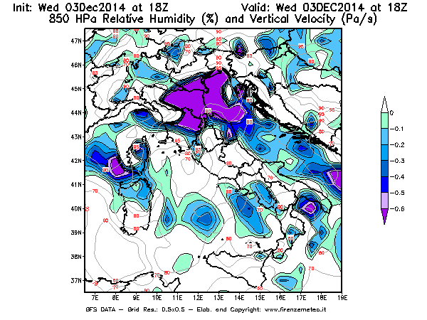 Mappa di analisi GFS - Umidità relativa [%] e Omega [Pa/s] a 850 hPa in Italia
							del 03/12/2014 18 <!--googleoff: index-->UTC<!--googleon: index-->