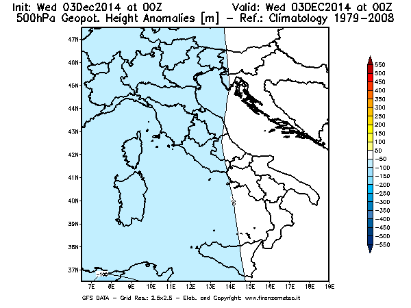Mappa di analisi GFS - Anomalia di Geopotenziale a 500 hPa in Italia
							del 03/12/2014 00 <!--googleoff: index-->UTC<!--googleon: index-->