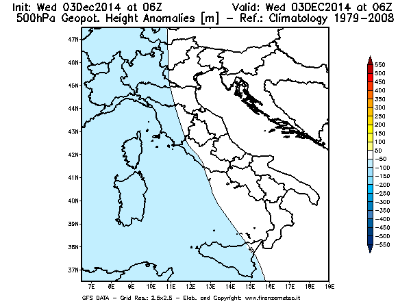Mappa di analisi GFS - Anomalia di Geopotenziale a 500 hPa in Italia
							del 03/12/2014 06 <!--googleoff: index-->UTC<!--googleon: index-->