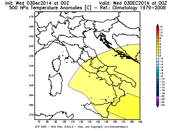 Mappa di analisi GFS - Anomalia Temperatura [°C] a 500 hPa in Italia
							del 03/12/2014 00 <!--googleoff: index-->UTC<!--googleon: index-->