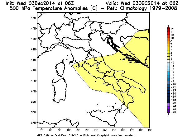 Mappa di analisi GFS - Anomalia Temperatura [°C] a 500 hPa in Italia
							del 03/12/2014 06 <!--googleoff: index-->UTC<!--googleon: index-->