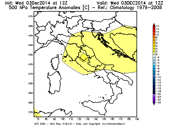 Mappa di analisi GFS - Anomalia Temperatura [°C] a 500 hPa in Italia
							del 03/12/2014 12 <!--googleoff: index-->UTC<!--googleon: index-->