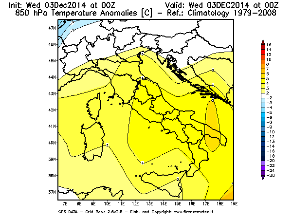 Mappa di analisi GFS - Anomalia Temperatura [°C] a 850 hPa in Italia
							del 03/12/2014 00 <!--googleoff: index-->UTC<!--googleon: index-->