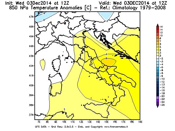 Mappa di analisi GFS - Anomalia Temperatura [°C] a 850 hPa in Italia
							del 03/12/2014 12 <!--googleoff: index-->UTC<!--googleon: index-->