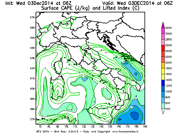 Mappa di analisi GFS - CAPE [J/kg] e Lifted Index [°C] in Italia
							del 03/12/2014 06 <!--googleoff: index-->UTC<!--googleon: index-->
