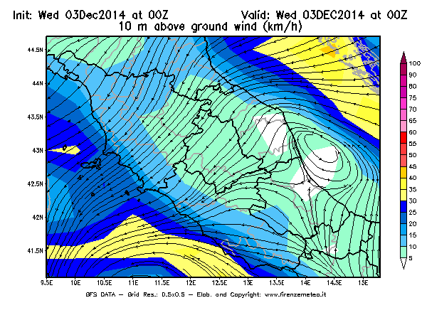 Mappa di analisi GFS - Velocità del vento a 10 metri dal suolo [km/h] in Centro-Italia
							del 03/12/2014 00 <!--googleoff: index-->UTC<!--googleon: index-->