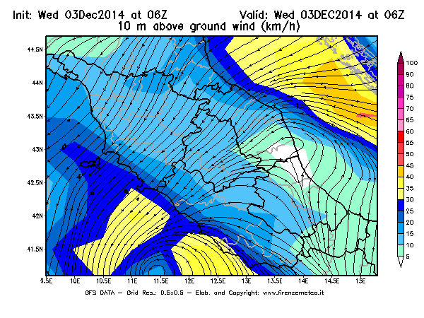 Mappa di analisi GFS - Velocità del vento a 10 metri dal suolo [km/h] in Centro-Italia
							del 03/12/2014 06 <!--googleoff: index-->UTC<!--googleon: index-->