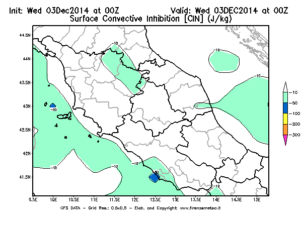 Mappa di analisi GFS - CIN [J/kg] in Centro-Italia
							del 03/12/2014 00 <!--googleoff: index-->UTC<!--googleon: index-->