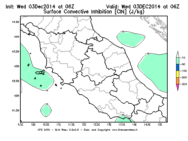 Mappa di analisi GFS - CIN [J/kg] in Centro-Italia
							del 03/12/2014 06 <!--googleoff: index-->UTC<!--googleon: index-->