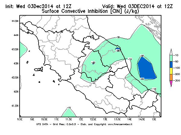 Mappa di analisi GFS - CIN [J/kg] in Centro-Italia
							del 03/12/2014 12 <!--googleoff: index-->UTC<!--googleon: index-->