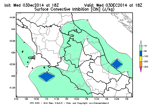 Mappa di analisi GFS - CIN [J/kg] in Centro-Italia
							del 03/12/2014 18 <!--googleoff: index-->UTC<!--googleon: index-->