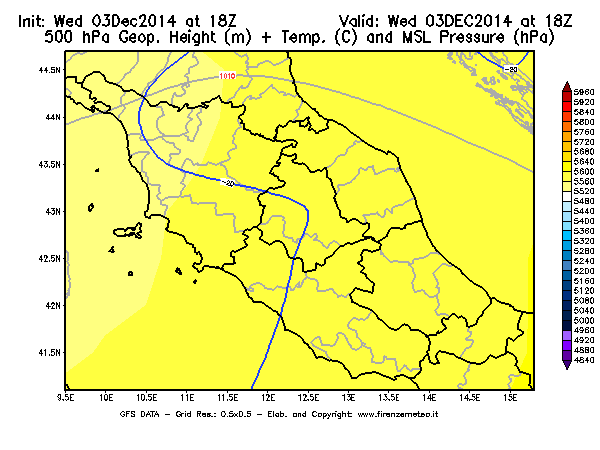 Mappa di analisi GFS - Geopotenziale [m] + Temp. [°C] a 500 hPa + Press. a livello del mare [hPa] in Centro-Italia
							del 03/12/2014 18 <!--googleoff: index-->UTC<!--googleon: index-->