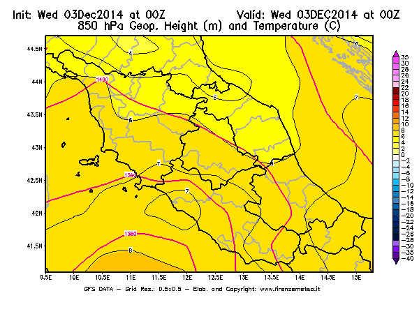 Mappa di analisi GFS - Geopotenziale [m] e Temperatura [°C] a 850 hPa in Centro-Italia
							del 03/12/2014 00 <!--googleoff: index-->UTC<!--googleon: index-->