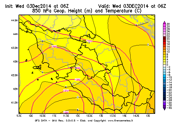 Mappa di analisi GFS - Geopotenziale [m] e Temperatura [°C] a 850 hPa in Centro-Italia
							del 03/12/2014 06 <!--googleoff: index-->UTC<!--googleon: index-->