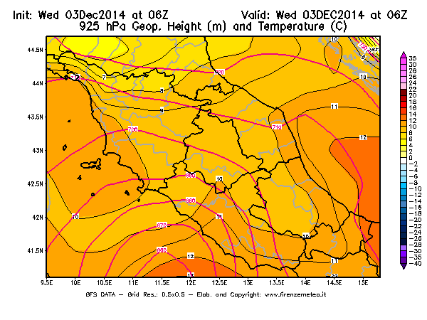 Mappa di analisi GFS - Geopotenziale [m] e Temperatura [°C] a 925 hPa in Centro-Italia
							del 03/12/2014 06 <!--googleoff: index-->UTC<!--googleon: index-->