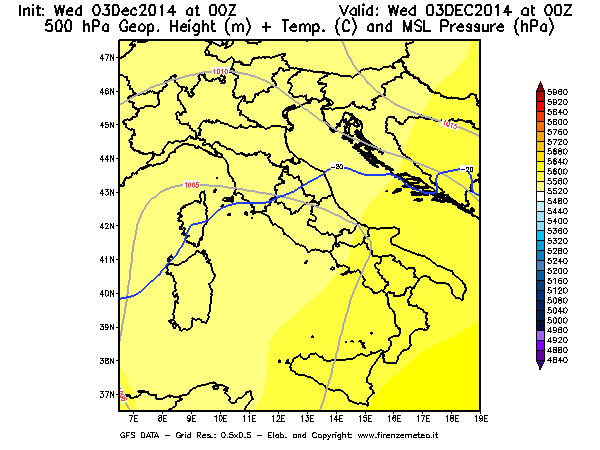 Mappa di analisi GFS - Geopotenziale [m] + Temp. [°C] a 500 hPa + Press. a livello del mare [hPa] in Italia
							del 03/12/2014 00 <!--googleoff: index-->UTC<!--googleon: index-->